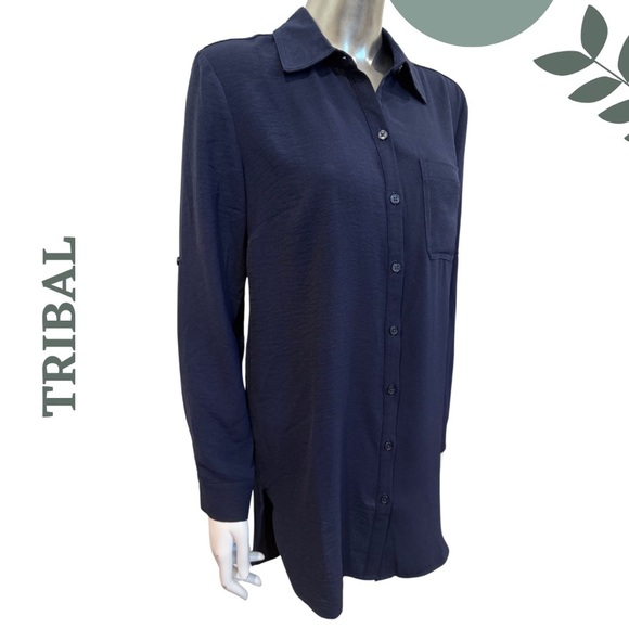 Tribal Pebbled Crepe Roll Sleeve Classic Longline Navy Blouse | Versatile & Chic - Picture 6 of 10